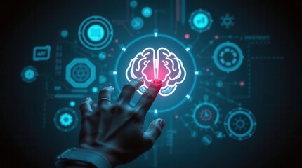 Interactive Brain Interface: Exploring cognitive computing through touch and futuristic technology display.