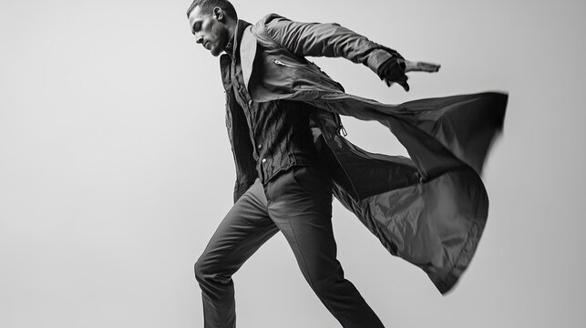 Monochrome portrait of a stylish man in a long coat, dynamically posed mid-stride, his coat billowing behind him, suggesting movement and a sense of mystery