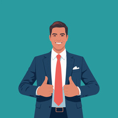 Smiling confident businessman showing thumbs up success achievement portrait illustration tie red job suit blue goal