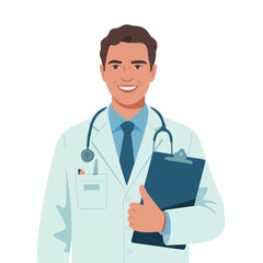 Fototapeta premium Smiling male doctor portrait holding clipboard medical healthcare professional man coat help white happy trust clinic