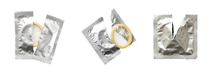Ripped open, torn, broken condom wrapper packet transparent PNG set bundle, isolated background. Safe sex protection contraceptive, STD prevention, sexual health