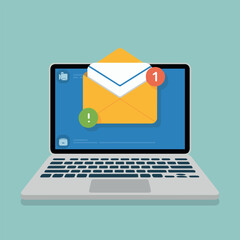 New email notification on modern laptop screen displaying important message web flat icon work data inbox alert online