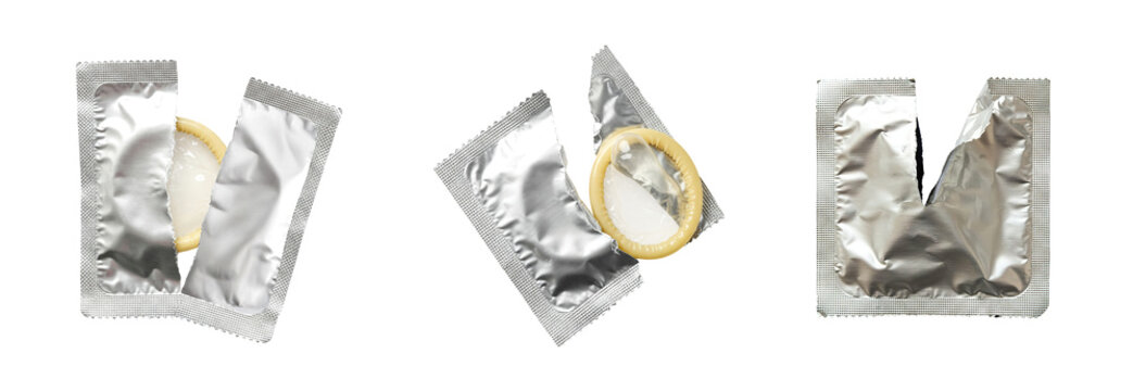 Ripped open, torn, broken condom wrapper packet transparent PNG set bundle, isolated background. Safe sex protection contraceptive, STD prevention, sexual health
