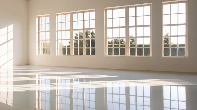 Empty sunlit interior with large windows and glossy flooring, clean minimalist architecture reflecting sunlight through the window frames