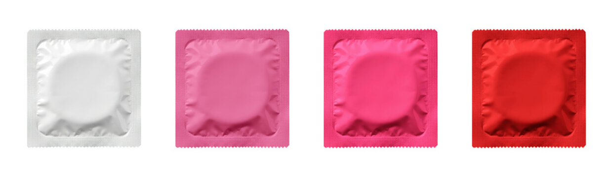 Colorful condom wrapper packet transparent PNG set bundle, isolated background. White, candy pink, hot pink, red color. Condoms, safe sex protection contraceptive, STD prevention, sexual health