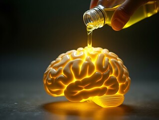Olive oil nourishes the brain concept. A bottle of olive oil pouring into a glowing brain model, symbolizing cognitive benefits