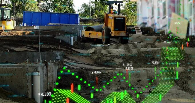 Steamroller entering right on construction site activating green dots then chart mapping compaction