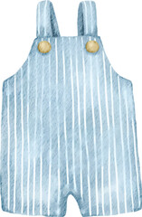 Watercolor Sleeveless Blue Denim Baby Romper with Stripes. Vintage Style Watercolor Baby Overall Isolated on white Background

