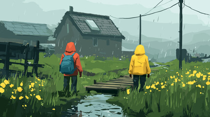 A bright minimal graphic of a village path turned into a shallow stream by monsoon showers, villagers in colorful raincoats crossing a wooden plank bridge
