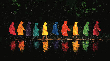 A bright minimal graphic of a village path turned into a shallow stream by monsoon showers, villagers in colorful raincoats crossing a wooden plank bridge