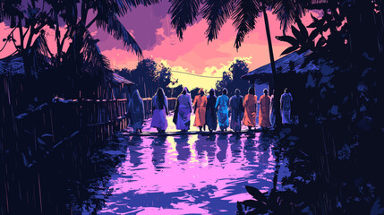 A bright minimal graphic of a village path turned into a shallow stream by monsoon showers, villagers in colorful raincoats crossing a wooden plank bridge