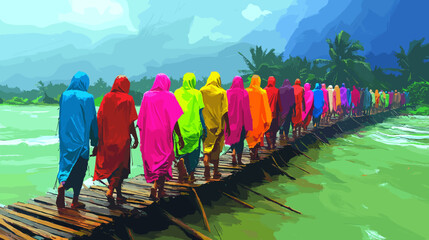 A bright minimal graphic of a village path turned into a shallow stream by monsoon showers, villagers in colorful raincoats crossing a wooden plank bridge