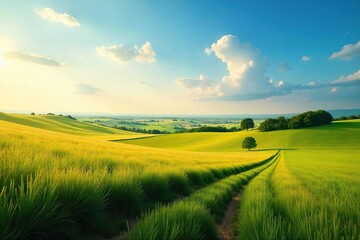 Fototapeta premium Vast, flat farmland stretches to the horizon under a big sky Rolling fields meet the distant trees creating a tranquil landscape Perfect for idyllic, peaceful imagery , trees, bright, clouds