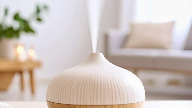 Electric aroma diffuser releasing aromatherapy steam in a bright room with modern decor, adding calm and wellbeing to the space.