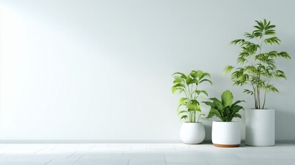 Fototapeta premium Three potted plants against a minimalist white wall
