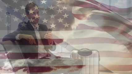 Business traveler reaching smartphone tapping to reply message with flag animation boosting travel - Powered by Adobe