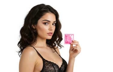 Sexy seductive brunette woman holding a pink condom wrapper transparent PNG isolated background. Safe sex protection contraceptive, sexual health, intimate adult games, flirting, foreplay