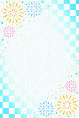 和柄　花火　市松模様　文様　暑中見舞い　枠　和　素材　和紙　抽象的　爽やか　おしゃれ　和モダン　和風　シンプル　お中元　キャンペーン　花火大会　風物詩　縦長　Japanese pattern.Fireworks