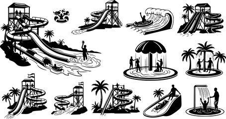 Summer water park, icon set, vector, silhouette,