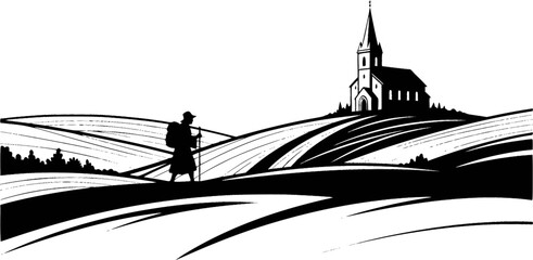 Pilgrim walking toward church on hilly landscape