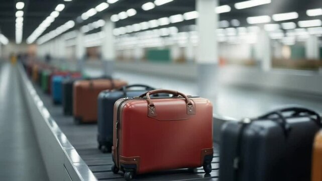 Conveyor belt at airport baggage claim with various suitcases , airport, baggage claim, conveyor belt