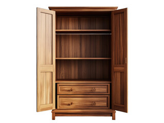 Open wooden wardrobe with three drawers and shelves