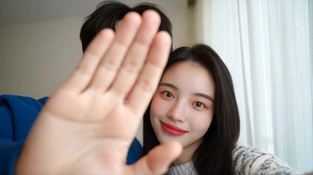 An elegant Korean woman with long hair and red lipstick, taking a selfie next to her handsome boyfriend