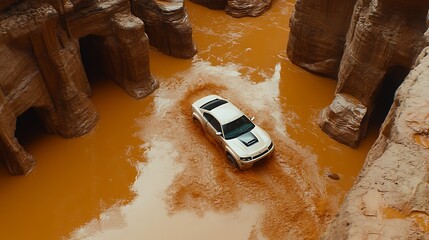 An adventurous white car navigating through a canyon filled with muddy water