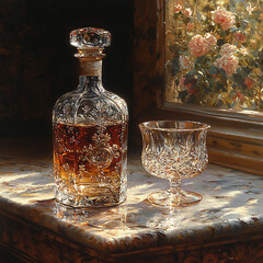 Crystal decanter and glass with whiskey
