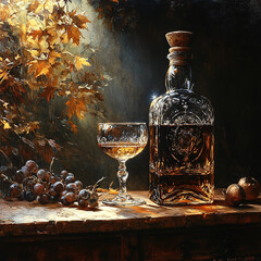 Vintage wine bottle with glass and grapes - still life