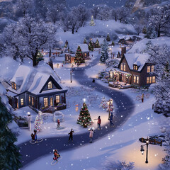 Christmas village in snow illustration