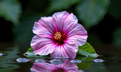 Beautiful Pink Hibiscus Flower Floating on Water