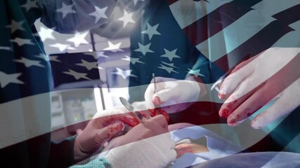 American flag overlay starting surgery as female surgeon cutting tissue and stitching wound - Powered by Adobe