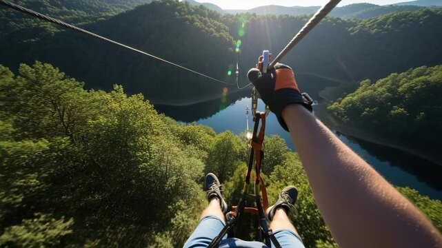 Zipline First-Person View Over a River