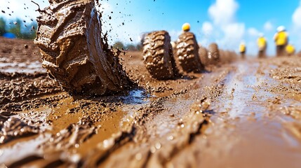 Close-up of powerful ATV tires in a muddy terrain creating dynamic splash action