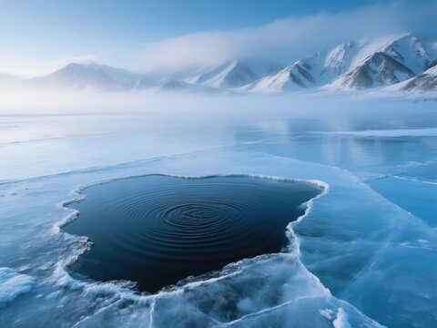 A photograph depicting an ice hole in the center, with snow-covered mountains visible above. Ripples are visible around the hole, and the sky appears foggy.