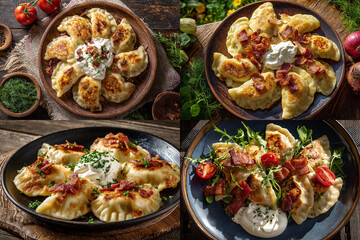Fried dumplings with bacon and sour cream