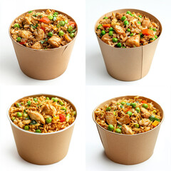 a box of rice with chicken and vegetables