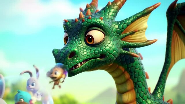 Animated cartoon dragon and small animals in a bright outdoor scene