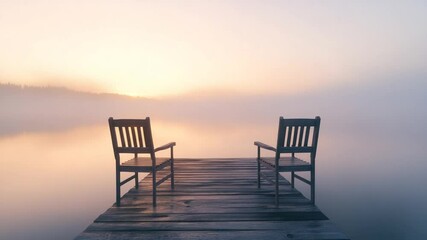 Peaceful sunrise over a tranquil lake with chairs on a wooden dock invites serenity - Powered by Adobe