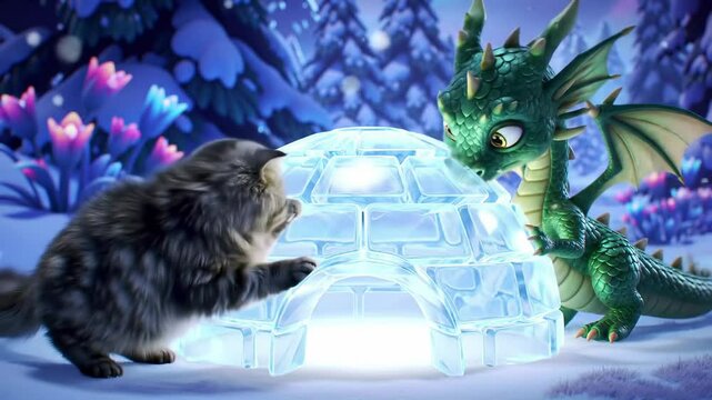 Animated cat and dragon in a glowing ice igloo winter wonderland scene