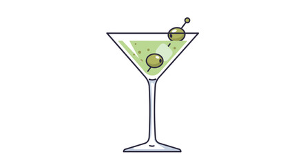 Vector illustration of a classic martini cocktail glass with green olives, presented in a clean flat design style on a white background. Perfect for bar menus,