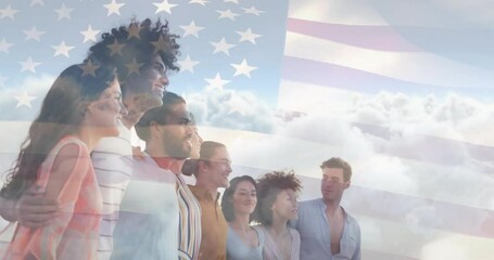 Business team following flag drifting over cloudscape, highlighting unity for patriotic branding - Powered by Adobe