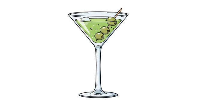 Vector illustration of a classic martini cocktail glass with green olives, presented in a clean flat design style on a white background. Perfect for bar menus,