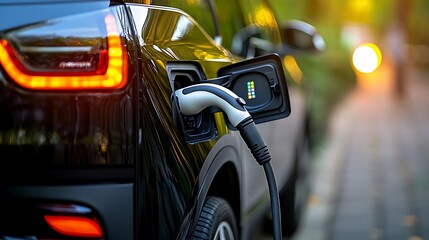 Electric vehicle charging on a public charging station showcasing eco-friendly transport