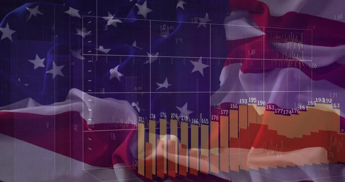 Rippling American flag starting grid fade, waveform tracing as bars rising and falling showing data