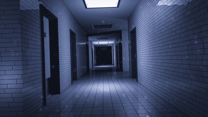 Dark Empty Corridor with Close Doors in Abandoned Lab Facility. 3d render.