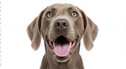 Fototapeta premium Adorable Weimaraner Puppy Portrait: A Joyful Canine Close-Up Against a Pristine White Background