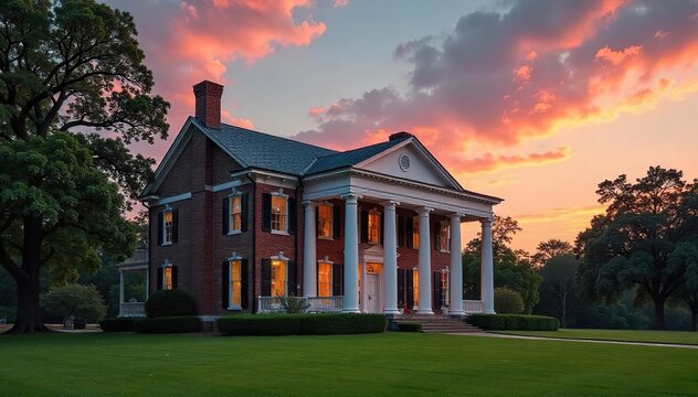 Majestic antebellum plantation house, columns rising against a vibrant Southern sky, lush landscape surrounding Perfect for historical, architectural, or travel themes , image, outdoor, rural