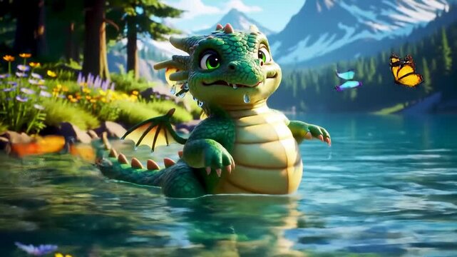 Animated dragon swimming in a serene lakeside scene with lush vegetation
